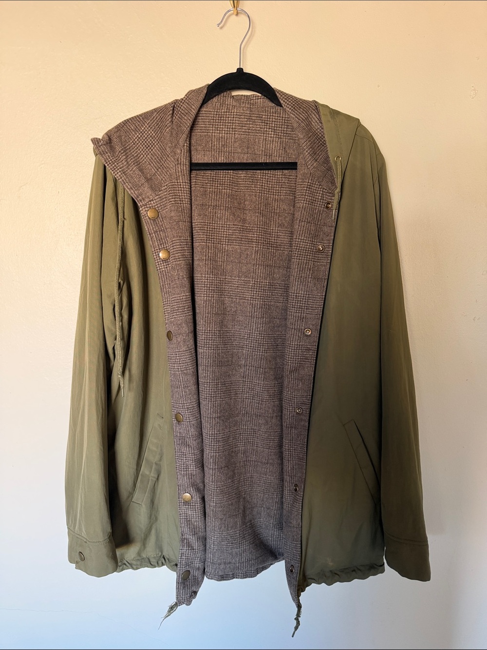 Obey Reversible Olive Green Hooded Field Jacket with Plaid Liner